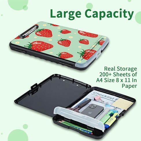 Clipboard with Storage, Plastic Clipboards with Pen Holder, High Capacity Storage Box with Low Profile Clip Smooth Writing Clip Board for Office Teacher Nurses, Strawberry Floral in Kuwait