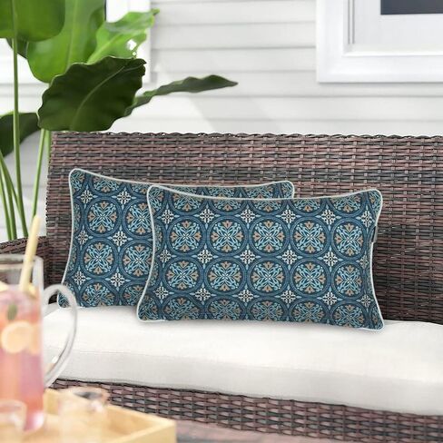 Magpie Fabrics Pack of 2 Outdoor Waterproof Lumbar Rectangular Throw Pillow with Insert, Home Decorative Toss Pillows All Weather Cushion for Patio Garden Car Office (12x20 Inch, Morgan Medal Print) in Saudi Arabia