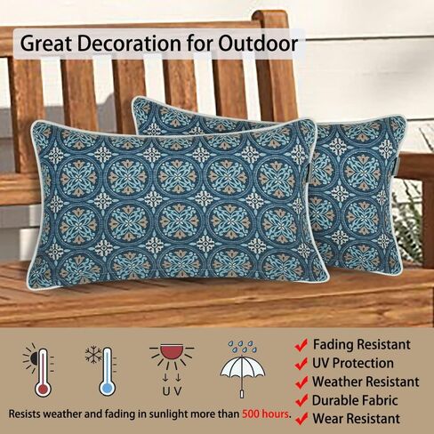 Magpie Fabrics Pack of 2 Outdoor Waterproof Lumbar Rectangular Throw Pillow with Insert, Home Decorative Toss Pillows All Weather Cushion for Patio Garden Car Office (12x20 Inch, Morgan Medal Print) in Saudi Arabia
