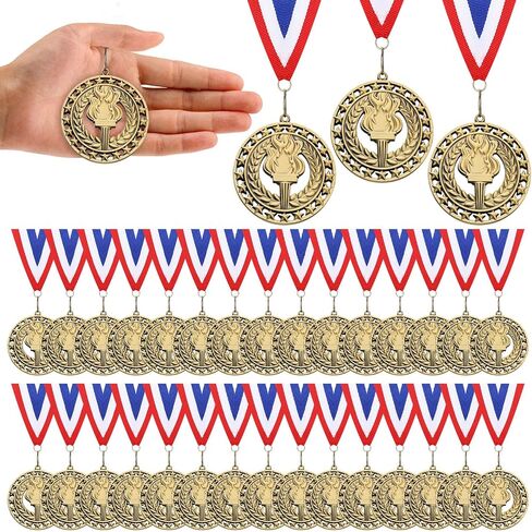 Quelay 24 Pcs 2.8 Inch Victory Torch Award Medals with Neck Ribbons, 3D Genuine Gold Medals Bulk 1st Trophy Award Prize for Adults Grad Winner Athletes, Competitions Sports Graduation Party Favors in Saudi Arabia