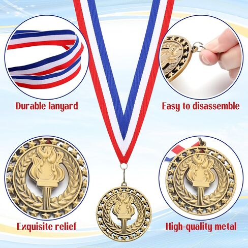 Quelay 24 Pcs 2.8 Inch Victory Torch Award Medals with Neck Ribbons, 3D Genuine Gold Medals Bulk 1st Trophy Award Prize for Adults Grad Winner Athletes, Competitions Sports Graduation Party Favors in Saudi Arabia