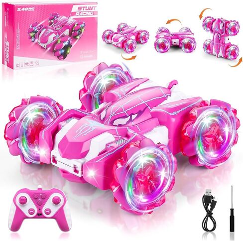 Spider Double Sided 360Rotating USB Direct Charging RC Stunt Car with Cool Lights, 2.4Ghz Drift RC Race Car Toys for 4-12 Boy Girl Kids Gifts (Pink) in Saudi Arabia