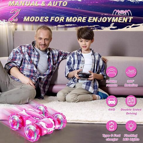 Spider Double Sided 360Rotating USB Direct Charging RC Stunt Car with Cool Lights, 2.4Ghz Drift RC Race Car Toys for 4-12 Boy Girl Kids Gifts (Pink) in Saudi Arabia