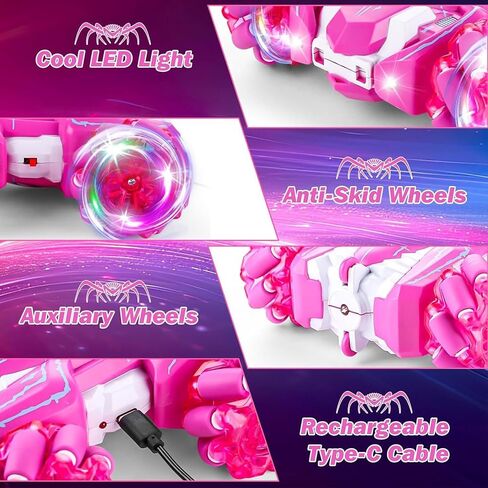 Spider Double Sided 360Rotating USB Direct Charging RC Stunt Car with Cool Lights, 2.4Ghz Drift RC Race Car Toys for 4-12 Boy Girl Kids Gifts (Pink) in Saudi Arabia