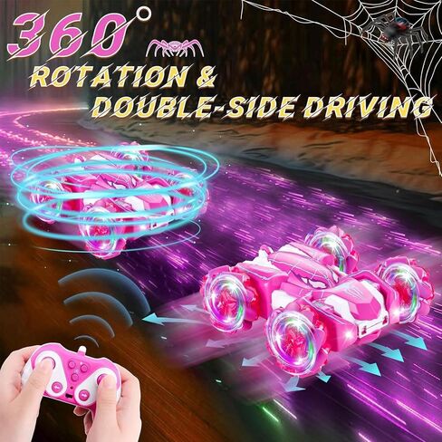 Spider Double Sided 360Rotating USB Direct Charging RC Stunt Car with Cool Lights, 2.4Ghz Drift RC Race Car Toys for 4-12 Boy Girl Kids Gifts (Pink) in Saudi Arabia