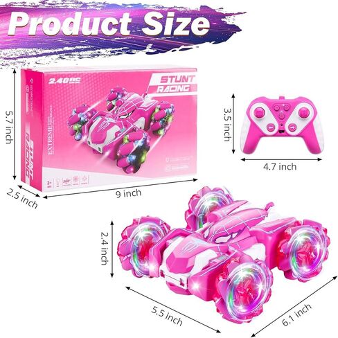 Spider Double Sided 360Rotating USB Direct Charging RC Stunt Car with Cool Lights, 2.4Ghz Drift RC Race Car Toys for 4-12 Boy Girl Kids Gifts (Pink) in Saudi Arabia