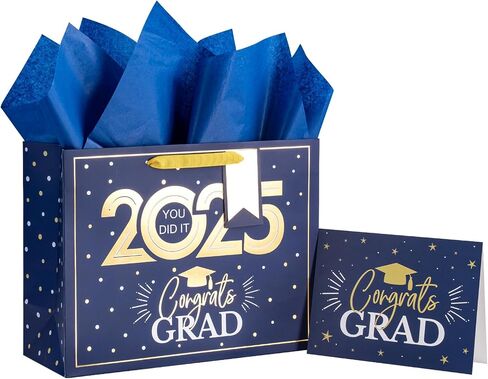 Loveinside Navy and Gold Graduation Gift Bag - Gold Foil 2025 Design with Tissue Paper, Greeting Card and Tag for Class of 2025 Graduation Season Theme Party - 13" x 5" x 10", 1 Pcs in Saudi Arabia