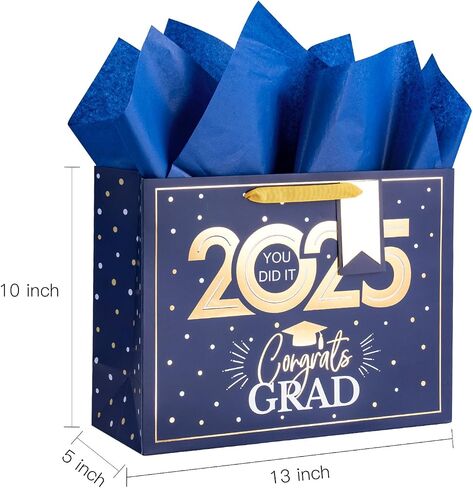 Loveinside Navy and Gold Graduation Gift Bag - Gold Foil 2025 Design with Tissue Paper, Greeting Card and Tag for Class of 2025 Graduation Season Theme Party - 13" x 5" x 10", 1 Pcs in Saudi Arabia