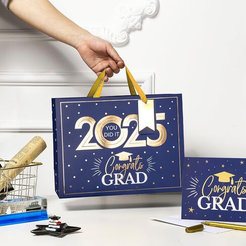 Loveinside Navy and Gold Graduation Gift Bag - Gold Foil 2025 Design with Tissue Paper, Greeting Card and Tag for Class of 2025 Graduation Season Theme Party - 13" x 5" x 10", 1 Pcs in Saudi Arabia