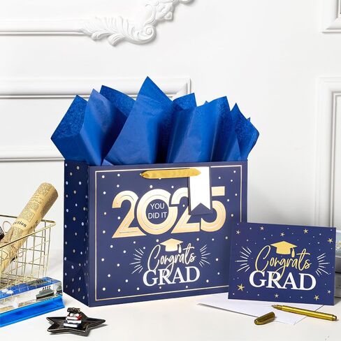 Loveinside Navy and Gold Graduation Gift Bag - Gold Foil 2025 Design with Tissue Paper, Greeting Card and Tag for Class of 2025 Graduation Season Theme Party - 13" x 5" x 10", 1 Pcs in Saudi Arabia
