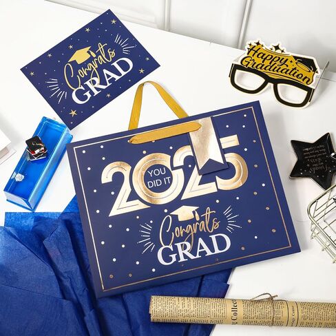 Loveinside Navy and Gold Graduation Gift Bag - Gold Foil 2025 Design with Tissue Paper, Greeting Card and Tag for Class of 2025 Graduation Season Theme Party - 13" x 5" x 10", 1 Pcs in Saudi Arabia