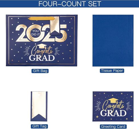Loveinside Navy and Gold Graduation Gift Bag - Gold Foil 2025 Design with Tissue Paper, Greeting Card and Tag for Class of 2025 Graduation Season Theme Party - 13" x 5" x 10", 1 Pcs in Saudi Arabia
