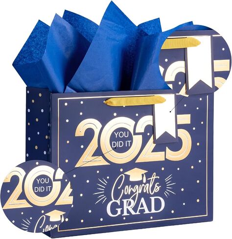 Loveinside Navy and Gold Graduation Gift Bag - Gold Foil 2025 Design with Tissue Paper, Greeting Card and Tag for Class of 2025 Graduation Season Theme Party - 13" x 5" x 10", 1 Pcs in Saudi Arabia