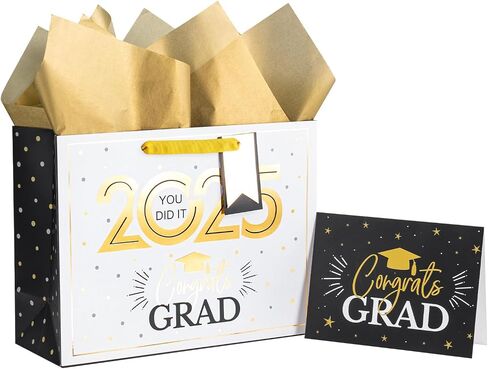 Loveinside Navy and Gold Graduation Gift Bag - Gold Foil 2025 Design with Tissue Paper, Greeting Card and Tag for Class of 2025 Graduation Season Theme Party - 13" x 5" x 10", 1 Pcs in Saudi Arabia