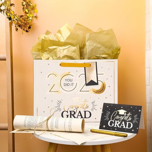 Loveinside Navy and Gold Graduation Gift Bag - Gold Foil 2025 Design with Tissue Paper, Greeting Card and Tag for Class of 2025 Graduation Season Theme Party - 13" x 5" x 10", 1 Pcs in Saudi Arabia