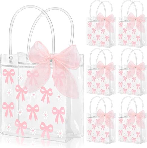 Whaline 12pcs القوس الوردي واضحة أكياس هدايا PVC مع مقبض الشريط الوردي Coquette Bowknot Daisy Flower Party Party Favor Age Treat For Birthday Birthday Baby Shower in Kuwait