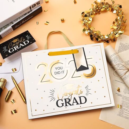Loveinside Navy and Gold Graduation Gift Bag - Gold Foil 2025 Design with Tissue Paper, Greeting Card and Tag for Class of 2025 Graduation Season Theme Party - 13" x 5" x 10", 1 Pcs in Saudi Arabia