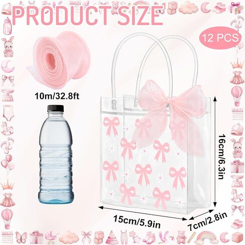 Whaline 12pcs القوس الوردي واضحة أكياس هدايا PVC مع مقبض الشريط الوردي Coquette Bowknot Daisy Flower Party Party Favor Age Treat For Birthday Birthday Baby Shower in Kuwait