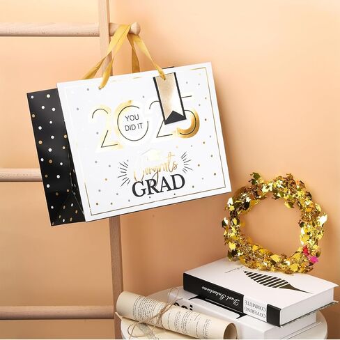 Loveinside Navy and Gold Graduation Gift Bag - Gold Foil 2025 Design with Tissue Paper, Greeting Card and Tag for Class of 2025 Graduation Season Theme Party - 13" x 5" x 10", 1 Pcs in Saudi Arabia