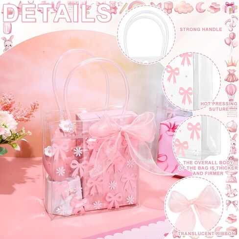 Whaline 12pcs القوس الوردي واضحة أكياس هدايا PVC مع مقبض الشريط الوردي Coquette Bowknot Daisy Flower Party Party Favor Age Treat For Birthday Birthday Baby Shower in Kuwait