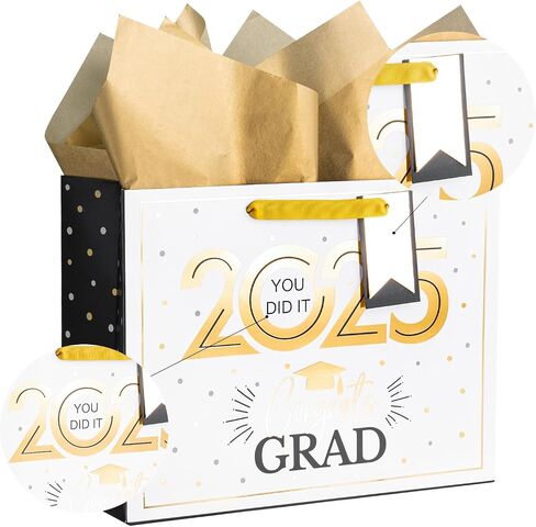Loveinside Navy and Gold Graduation Gift Bag - Gold Foil 2025 Design with Tissue Paper, Greeting Card and Tag for Class of 2025 Graduation Season Theme Party - 13" x 5" x 10", 1 Pcs in Saudi Arabia