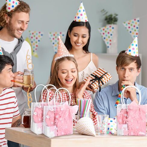 Whaline 12pcs القوس الوردي واضحة أكياس هدايا PVC مع مقبض الشريط الوردي Coquette Bowknot Daisy Flower Party Party Favor Age Treat For Birthday Birthday Baby Shower in Kuwait