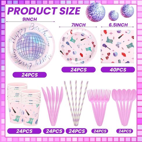 218 Pcs Birthday Era' Party Decorations Era' Party Icon Supplies Tableware Set Disposable Birthday Paper Napkins Plates Cups Knives Forks Spoons for 24 Guests Concert (Concert Style) in Kuwait
