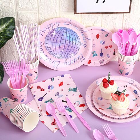 218 Pcs Birthday Era' Party Decorations Era' Party Icon Supplies Tableware Set Disposable Birthday Paper Napkins Plates Cups Knives Forks Spoons for 24 Guests Concert (Concert Style) in Kuwait
