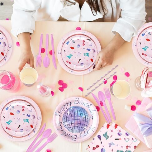 218 Pcs Birthday Era' Party Decorations Era' Party Icon Supplies Tableware Set Disposable Birthday Paper Napkins Plates Cups Knives Forks Spoons for 24 Guests Concert (Concert Style) in Kuwait