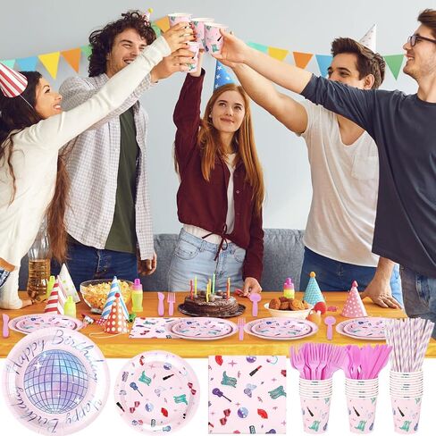218 Pcs Birthday Era' Party Decorations Era' Party Icon Supplies Tableware Set Disposable Birthday Paper Napkins Plates Cups Knives Forks Spoons for 24 Guests Concert (Concert Style) in Kuwait