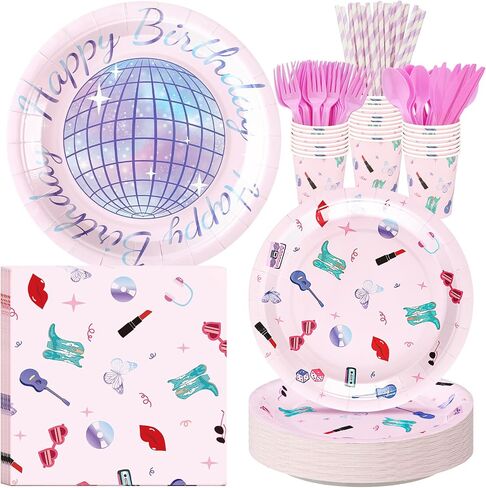 218 Pcs Birthday Era' Party Decorations Era' Party Icon Supplies Tableware Set Disposable Birthday Paper Napkins Plates Cups Knives Forks Spoons for 24 Guests Concert (Concert Style) in Kuwait