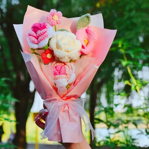 Crochet Flowers Bouquet Tulip Handmade Knitted Bouquet, Completed Crochet Flowers Rose Bouquet for Valentines Day Mother's Day Birthday Wedding (Purple) in Saudi Arabia