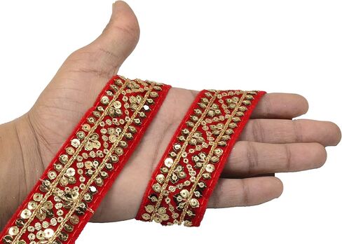Craft Love Sequence Velvet Zari Lace 9.2 ياردة/ 8.5 أمتار لخياطة الديكور والحرف (عرض 3 سم) ، Red ، ART-12042022A5 in Kuwait