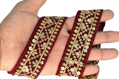 Craft Love Sequence Velvet Zari Lace 9.2 ياردة/ 8.5 أمتار لخياطة الديكور والحرف (عرض 3 سم) ، Red ، ART-12042022A5 in Kuwait