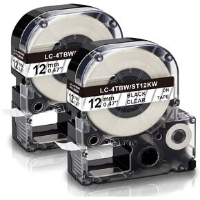 Absonic 2-Pack Compatible Label Tape Replacement for LK-4TBN ST12KW LC-4TBN9 LabelWorks 12mm Black on Clear LK Tape for LW-300 LW-400 LW-500 LW-600P LW-700 LW-K200PX Label Maker, 1/2'' x 26.2'