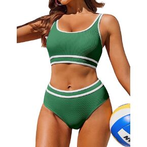 AI'MAGE Swimsuit Set for Women 2 Piece Ribbed High Waisted Bikini Set Sporty Color Block Bathing Suits XS-2XL