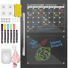 Acrylic Magnetic Monthly & Weekly Calendar for Fridge 32PCS – 16"x12" Meal Planner Bundle with Vibrant Markers - Reusable Clear Dry Erase Board for Refrigerator