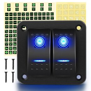 GOOACC 2 Gang Rocker Switch Panel 12V 24V DC Blue Switches Aluminum Panel 5Pin ON Off PreWired Toggle Switch Panel Waterproof for Cars Boats ATVs UTVs,2 Years Warranty