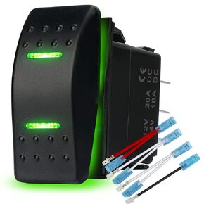 Waterproof Rocker Switch Toggle On-Off-On 12V/20A 24V/10A 7Pin DPDT Green LED Light, with Jumper Wires Set for Marine Boat Car Truck Trailer 4x4 Caravan RV SUV ATV UTV