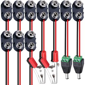 DAIERTEK 10pcs 9V Battery Connector 9 Volt Battery Snap Clip I Type with 2 Pairs of Alligator Clips and 2.1mm X 5.5mm DC Male Power Plug