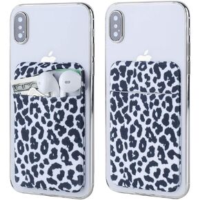 2Pack Adhesive Cell Phone Pocket,Credit Card Holder for Back of Phone,Stick on Card Wallet[Double Secure] with Sticker for iPhone,Android and All Smartphones with Top Flap (White Leopard)