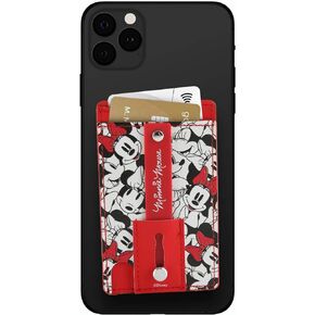 Disney Phone Wallet Stick On- Cell Phone Wallet Card Holder Stick On- Adhesive iPhone Holder Grip with Built in Finger Strap- Doubles as a Kick Stand for Your Phone (Mickey Faces- Black)