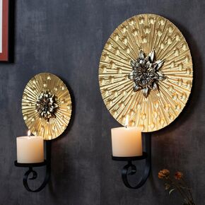 Aimto Wall Sconce Candle Holder Metal Hanging Wall Decorations for Home,Living Room, Bathroom, Dining Room, Set of 2 ，（1 Large and 1 Small Combination，Gold