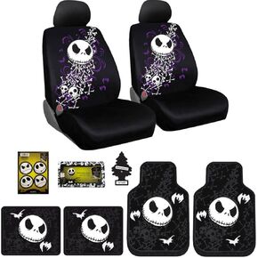 9 Pieces Nightmare Before Christmas Jack Skellington Car Truck SUV Seat Covers Rubber Front and Rear Floor Mat Set with Little Tree Air Freshener Bundle Set