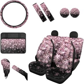 Cherry Blossom Car Seat Covers Front and Back Seat Covers Vehicle Console Armrest Cover Pad Brake Handle Cover Gear Shift Knob Cover Car Coaster and Steering Wheel Cover Seat Belt Pads