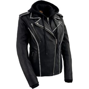 Milwaukee Leather MLL2503 Women's Black 'Bedazzled' Leather Moto Jacket with Hoodie