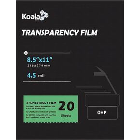 KOALA Transparency Film for Inkjet/Laser Jet Printers - 8.5 x 11 Inch 20 Sheets Printable Transparency Paper for OHP Film Overhead Projector Film or Craft Projects