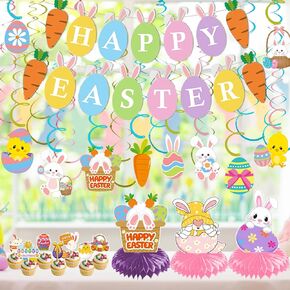 Easter Party Decorations Banners Egg Bunny Banner Hanging Swirls Honeycomb Centerpiece, and Cupcake Toppers Easter Home Party Decorations
