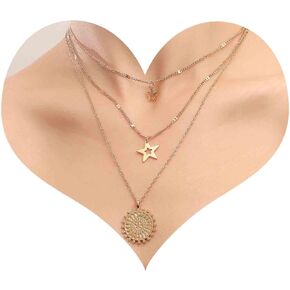 Boho Layered Sun Star Necklace Sun Coin Choker Necklace Open Star Coin Necklace Vintage Star Pendant Necklace Jewelry for Women and Girls
