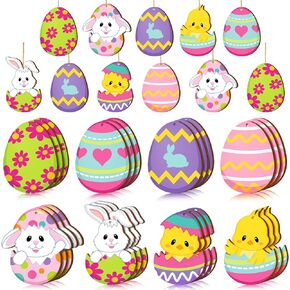24 Pieces Spring Easter Wooden Ornaments Happy Easter Cutouts Embellishments Cute Holiday Decorations with Strings Hanging Ornaments for Easter Tree Party Home Classroom Decor (Bunny Egg Flower)
